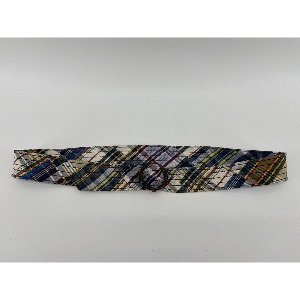 J.Crew, Cotton, Tortoiseshell Round Ring Buckle, Multicolored Plaid Belt 44"